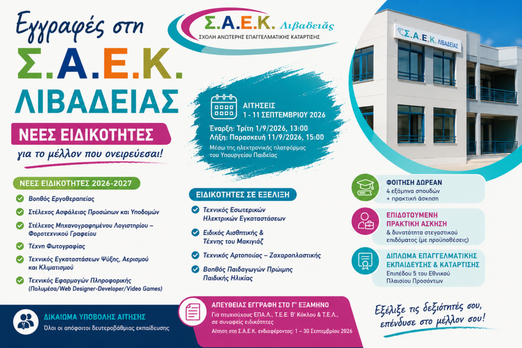 Νέες ειδικότητες που ανταποκρίνονται στις σύγχρονες ανάγκες της αγοράς εργασίας  στη Δημόσια Σχολή Ανώτερης Επαγγελματικής Κατάρτισης (Σ.Α.Ε.Κ.) Λιβαδειάς