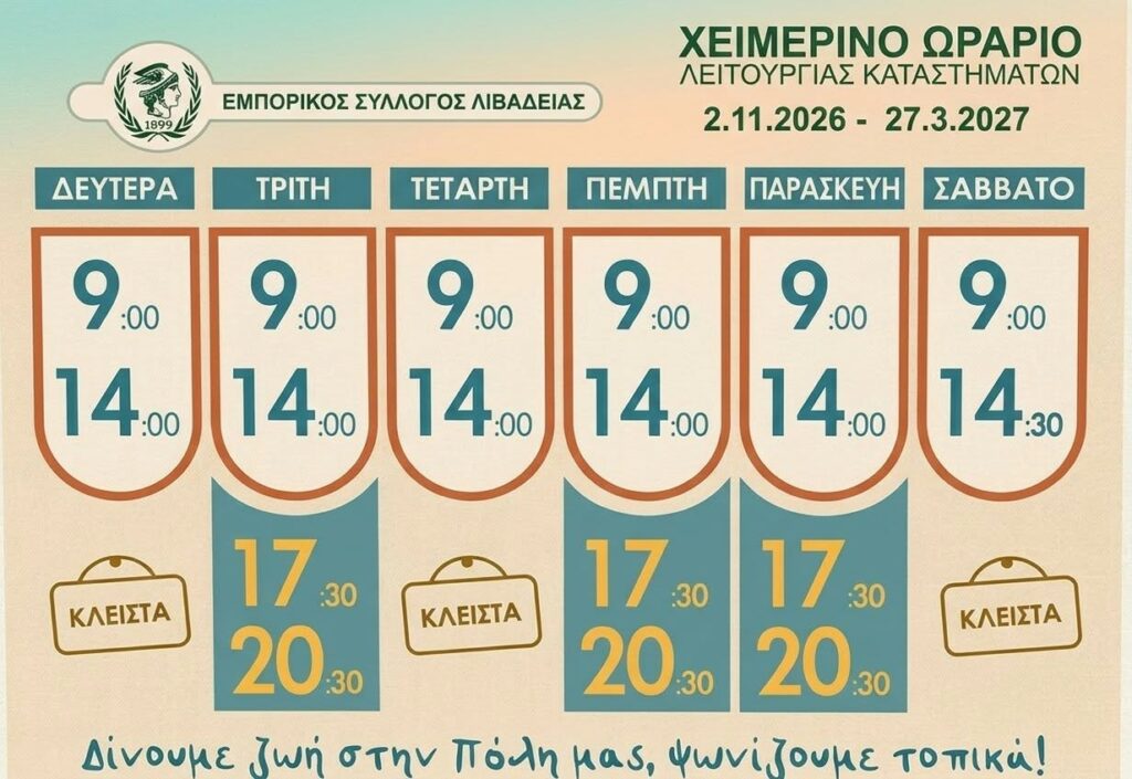 Χειμερινό ωράριο στα καταστήματα της Λιβαδειάς
