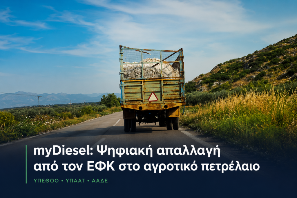 ΥΠΕΘΟΟ – ΥΠΑΑΤ – ΑΑΔΕ: myDiesel – Η νέα ψηφιακή εφαρμογή για την άμεση απαλλαγή ΕΦΚ και αναλογούντος ΦΠΑ στο αγροτικό πετρέλαιο